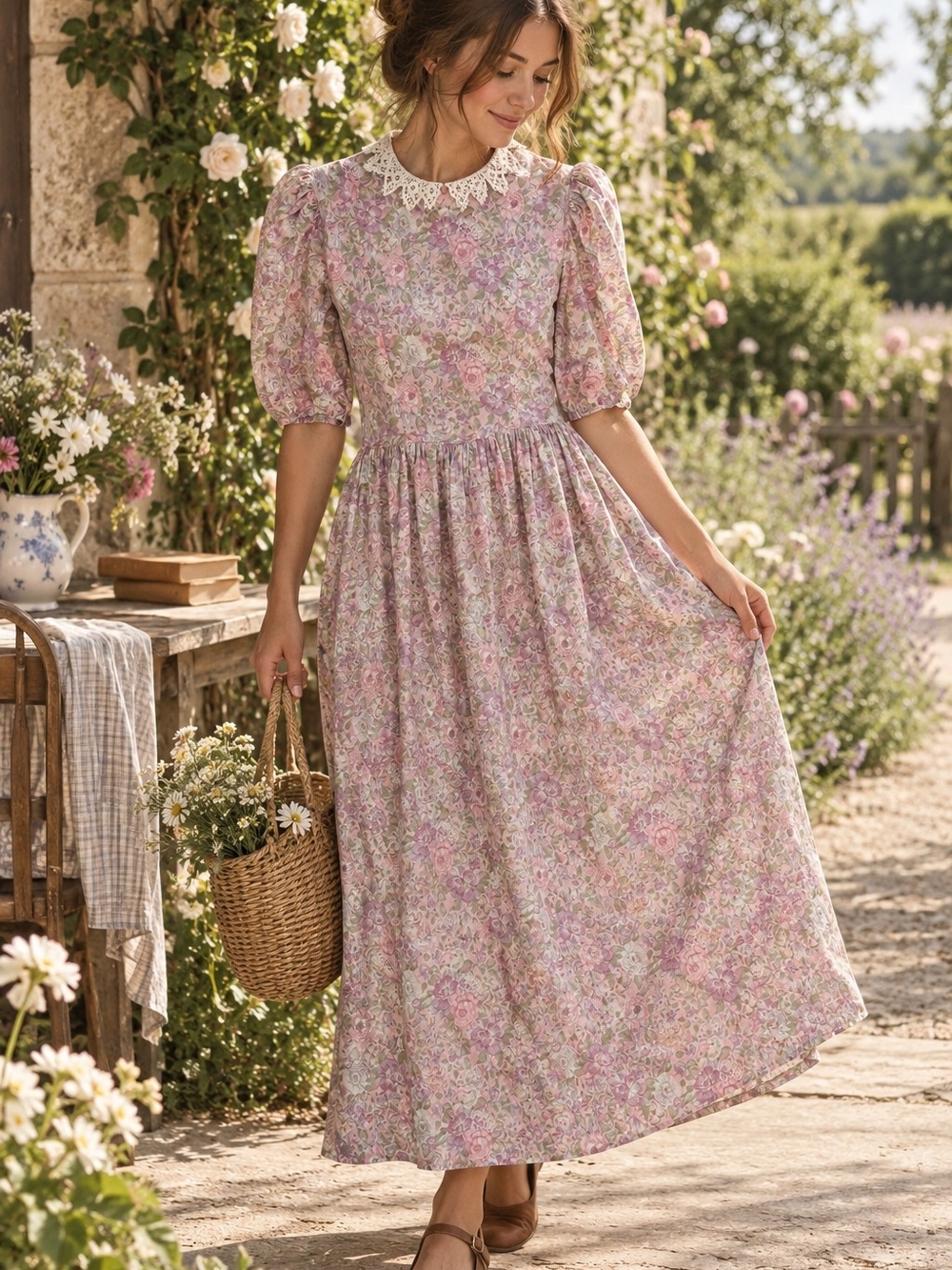 VTG Laura Ashley Floral Lace Collar Cottagecore Midi Dress 10 Puff Sleeve